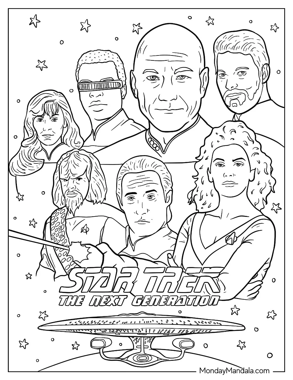 Star Trek Coloring Page Of Next Generation Jean Luc Picard, William Riker, Commander Data, Geordi La Forge, Lt. Worf, Dr. Beverly Crusher, And Deanna Troi coloring page