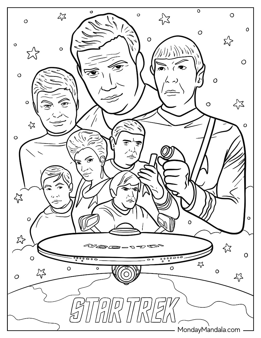 Star Trek Coloring Page Of Poster Of Admiral Kirk, Spock, Pavel, Christopher, Nyota, Leonard, And Hikaru coloring page