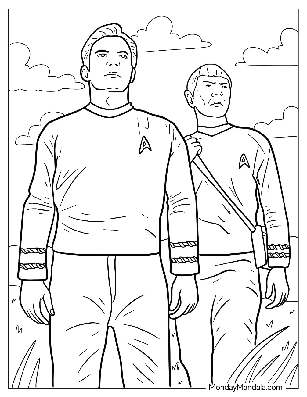 Star Trek Coloring Page Of Simple Outline Of Admiral Kirk And Spock Looking Up coloring page