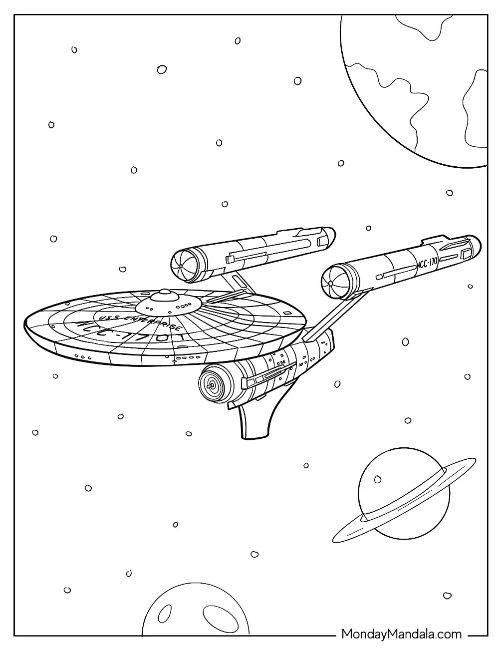 Star Trek Coloring Page Of USS Enterprise In Outer Space For Kids coloring page