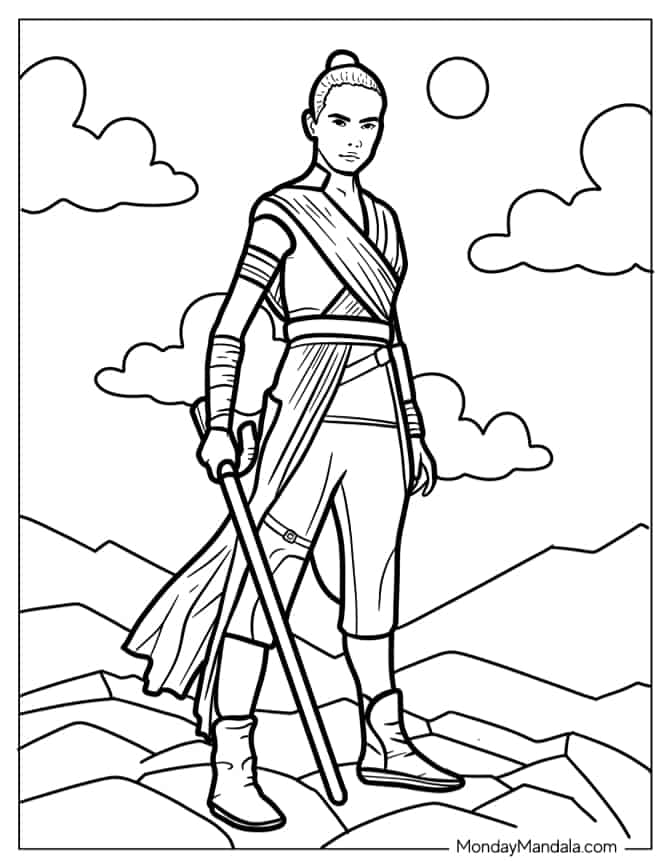 Realistic Rey Skywalker With Lightsaber Coloring Page coloring page