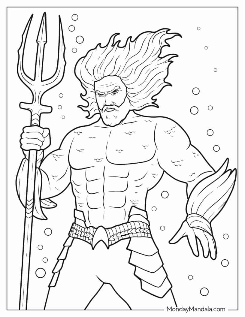 Aquaman Holding Trident Underwater Coloring Sheet coloring page