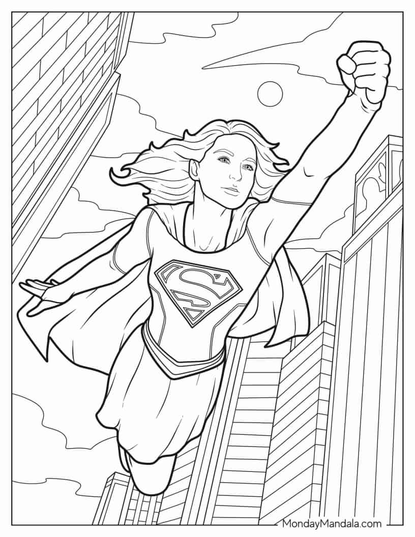 Coloring Page Of Supergirl Flying In The City coloring page