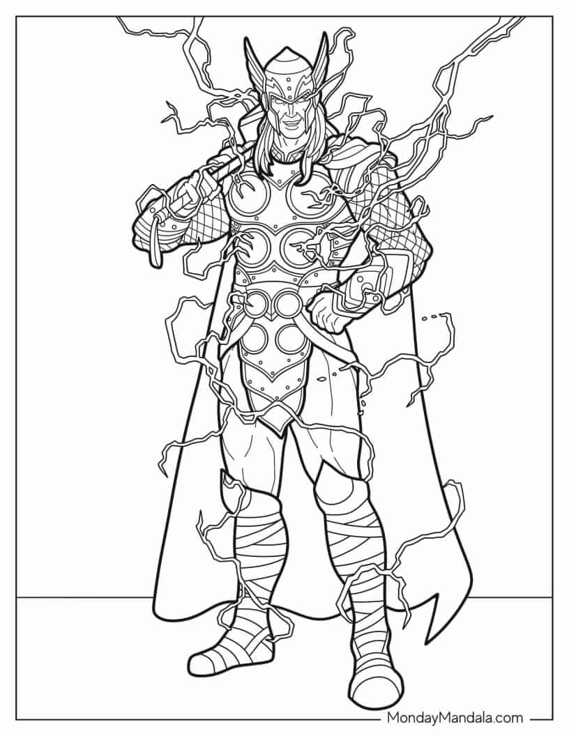 Coloring Page Of Thor Surrounded By Lightning coloring page