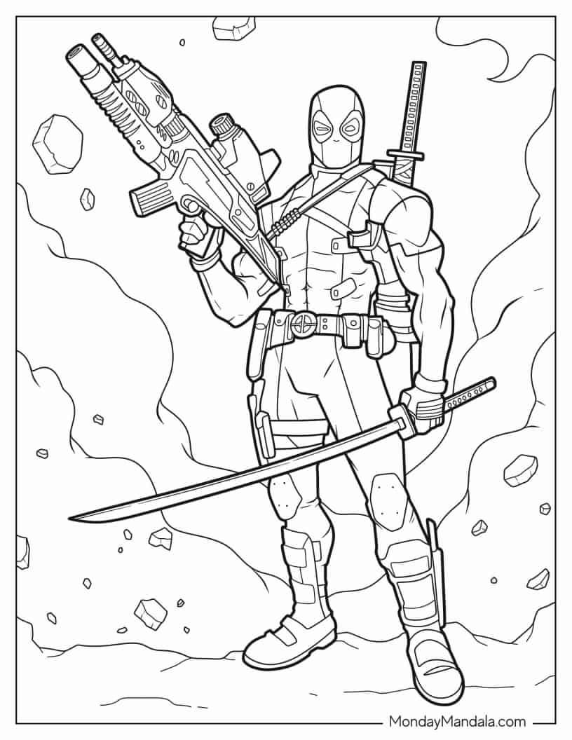Deadpool Holding Huge Gun And Katana coloring page