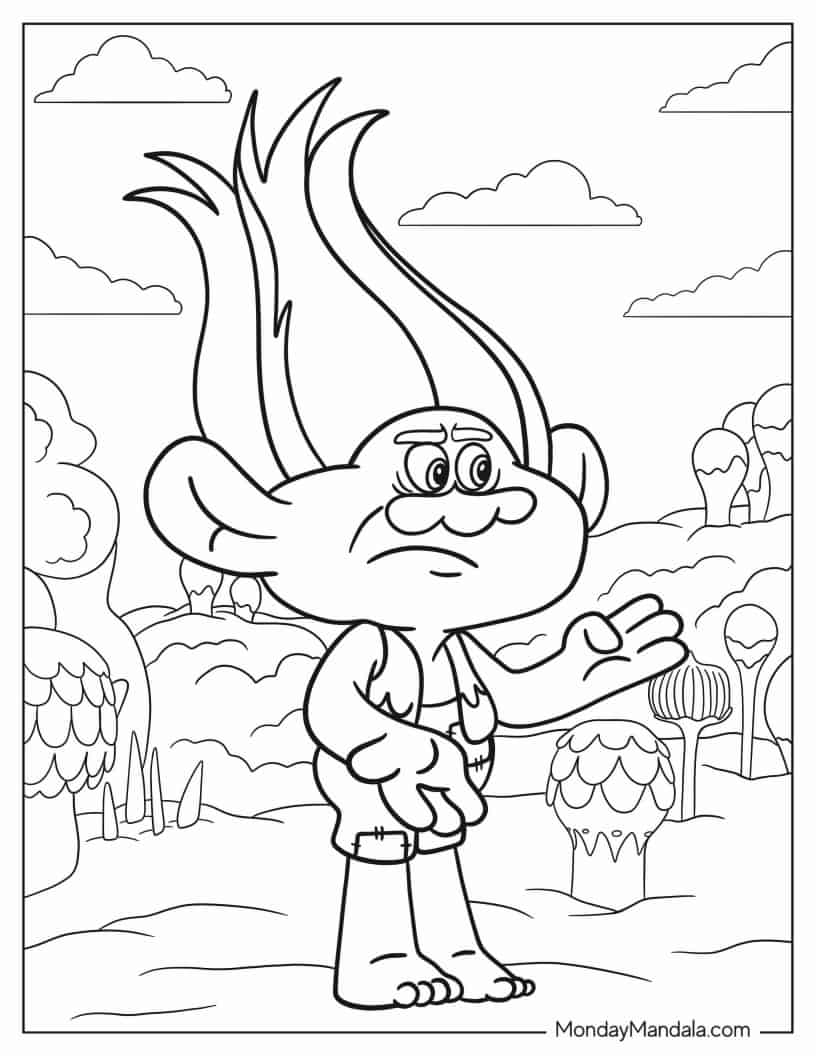 Cartoon Branch Troll coloring page — printable line art