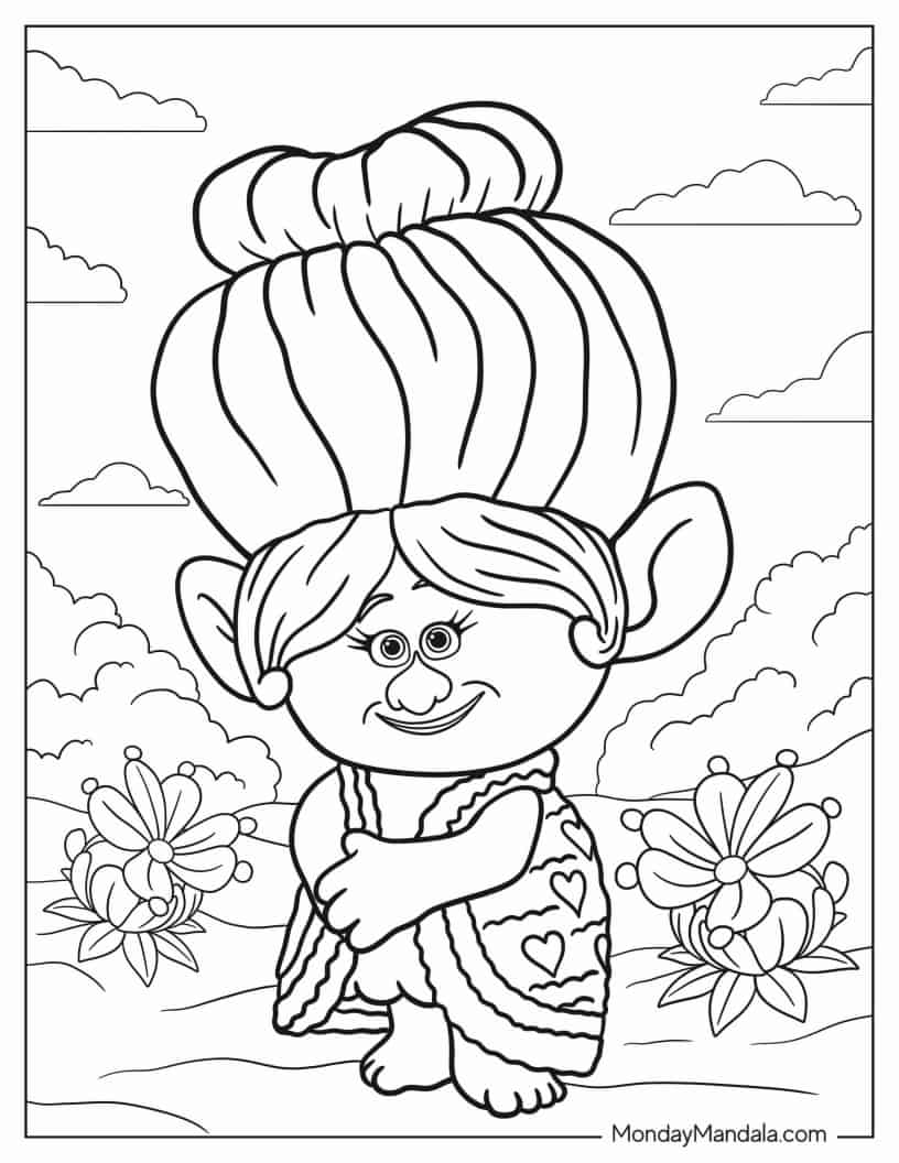Grandma Rosiepuff Troll Smiling coloring page — printable line art