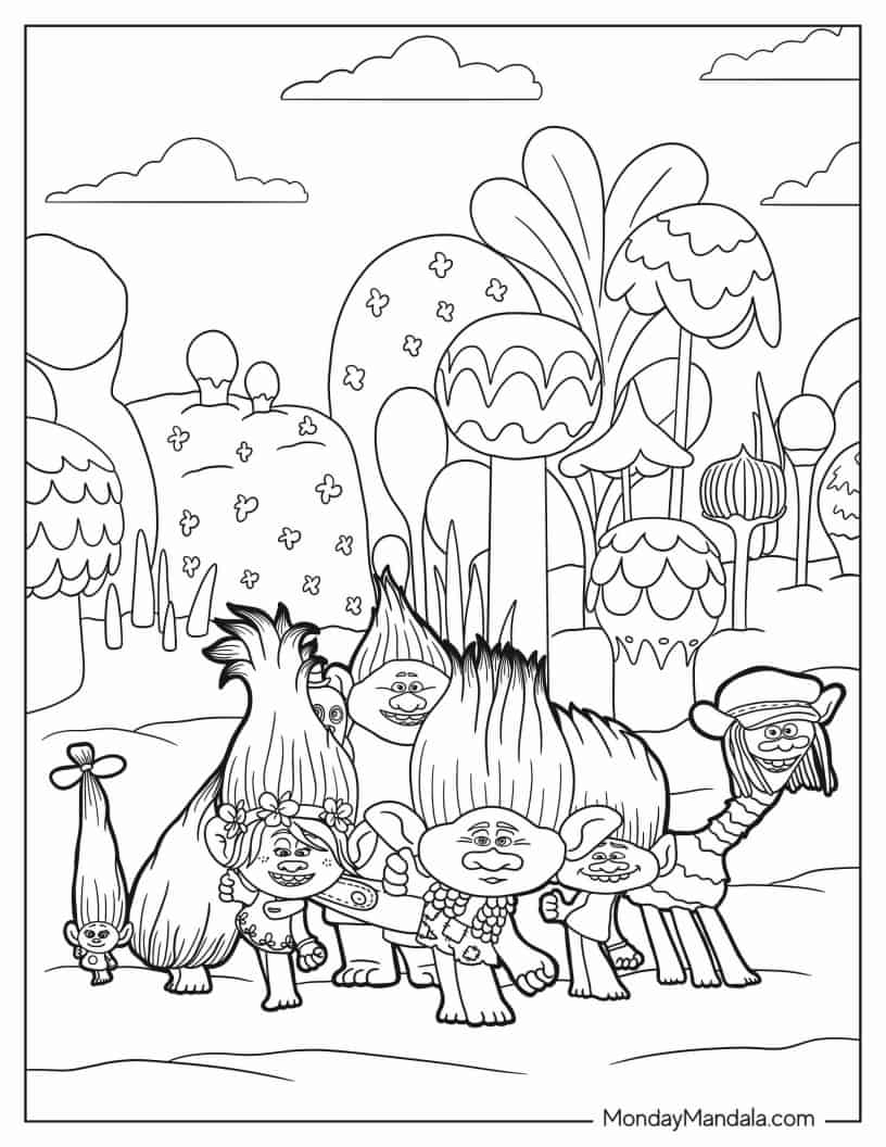 Poppy, Branch, And Troll Friends Dancing coloring page — printable line art
