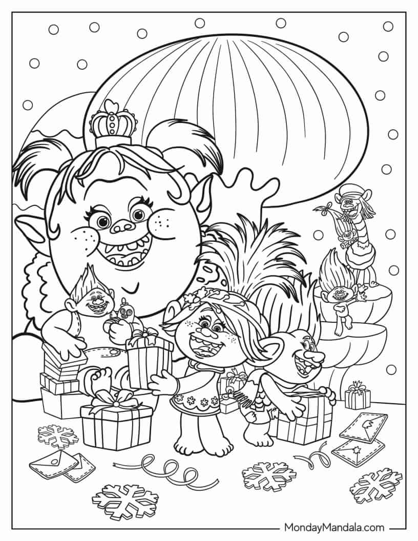 Poppy, Bridget, and Troll Friends Opening Presents On Christmas coloring page — printable line art