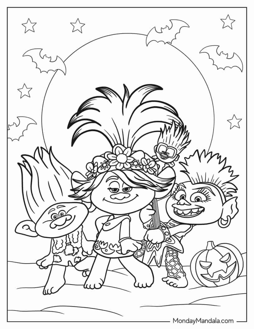 Troll Characters Dancing During Halloween To Color coloring page — printable line art