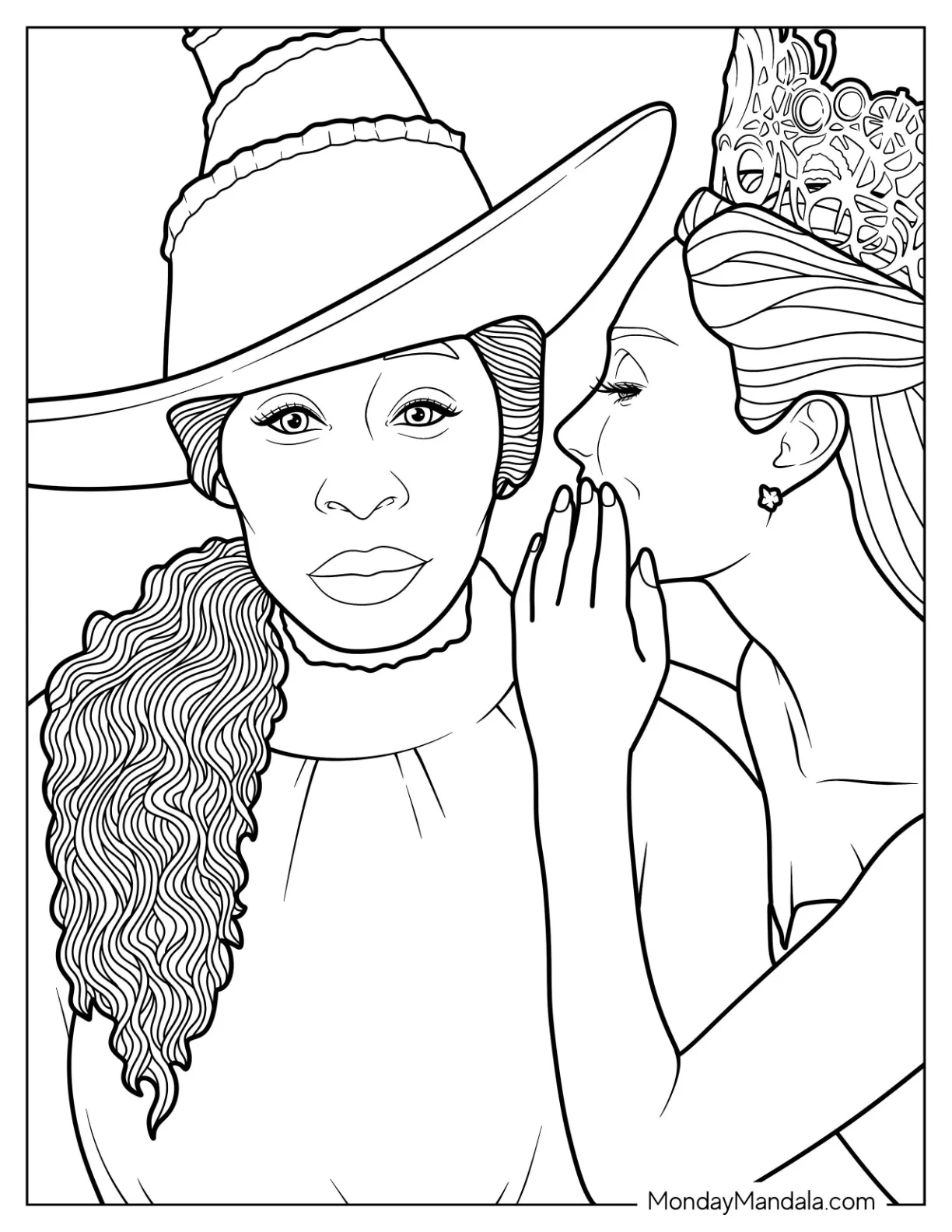 Iconic Wicked Coloring Page Of Poster With Glinda Whispering In Elphaba s Ear coloring page