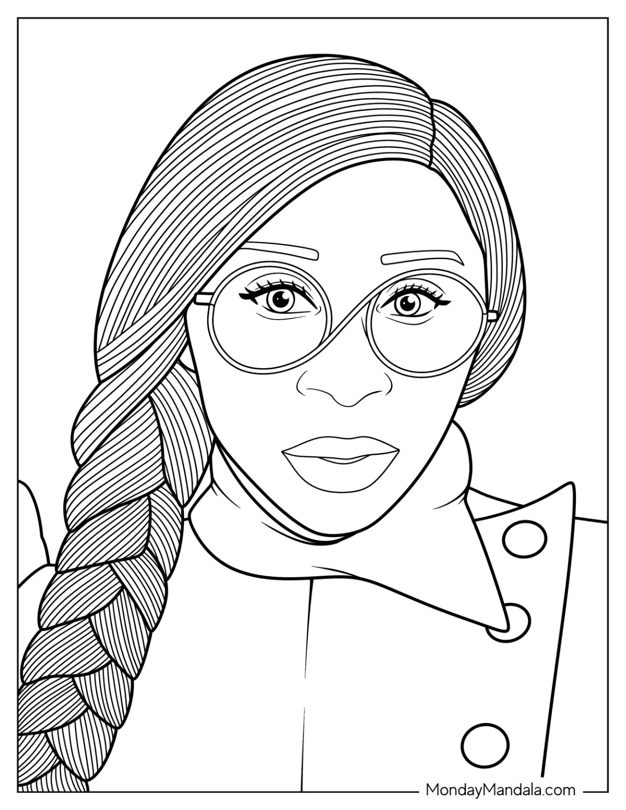Wicked Coloring Page Of Cynthia Erivo As Elphaba Wearing Nerdy Glasses coloring page