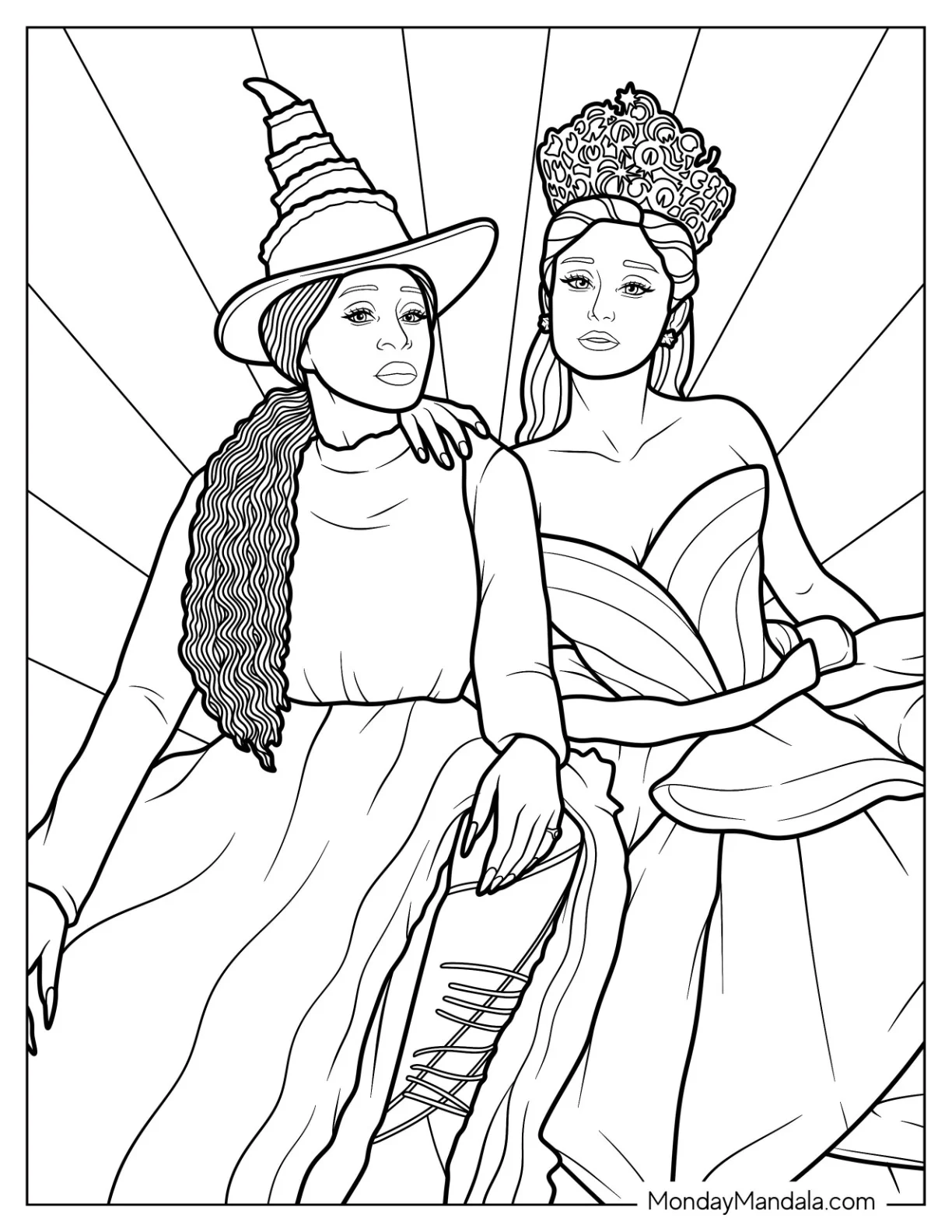 Wicked Coloring Page Of Elphaba And Glinda In Their Witch Costumes coloring page