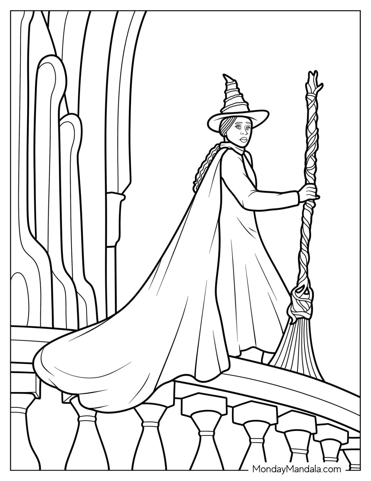Wicked Coloring Page Of Elphaba Holding A Broomstick While On The Edge Of A Balcony coloring page — printable line art