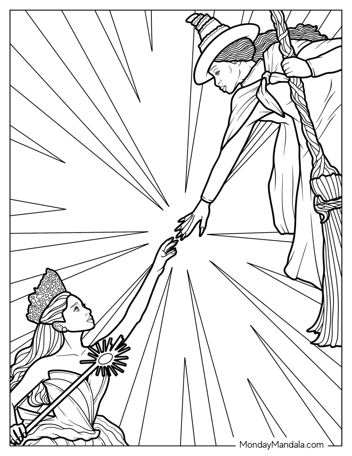 Wicked Coloring Page Of Glinda And Elphaba Reaching For Each Other coloring page — printable line art
