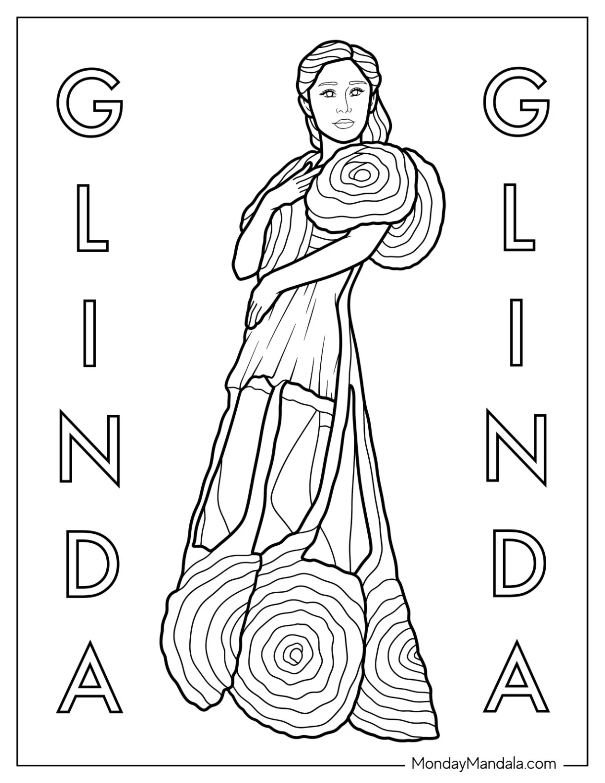 Wicked Coloring Page Of Glinda In A Frilly Pink Dress For Kids coloring page — printable line art