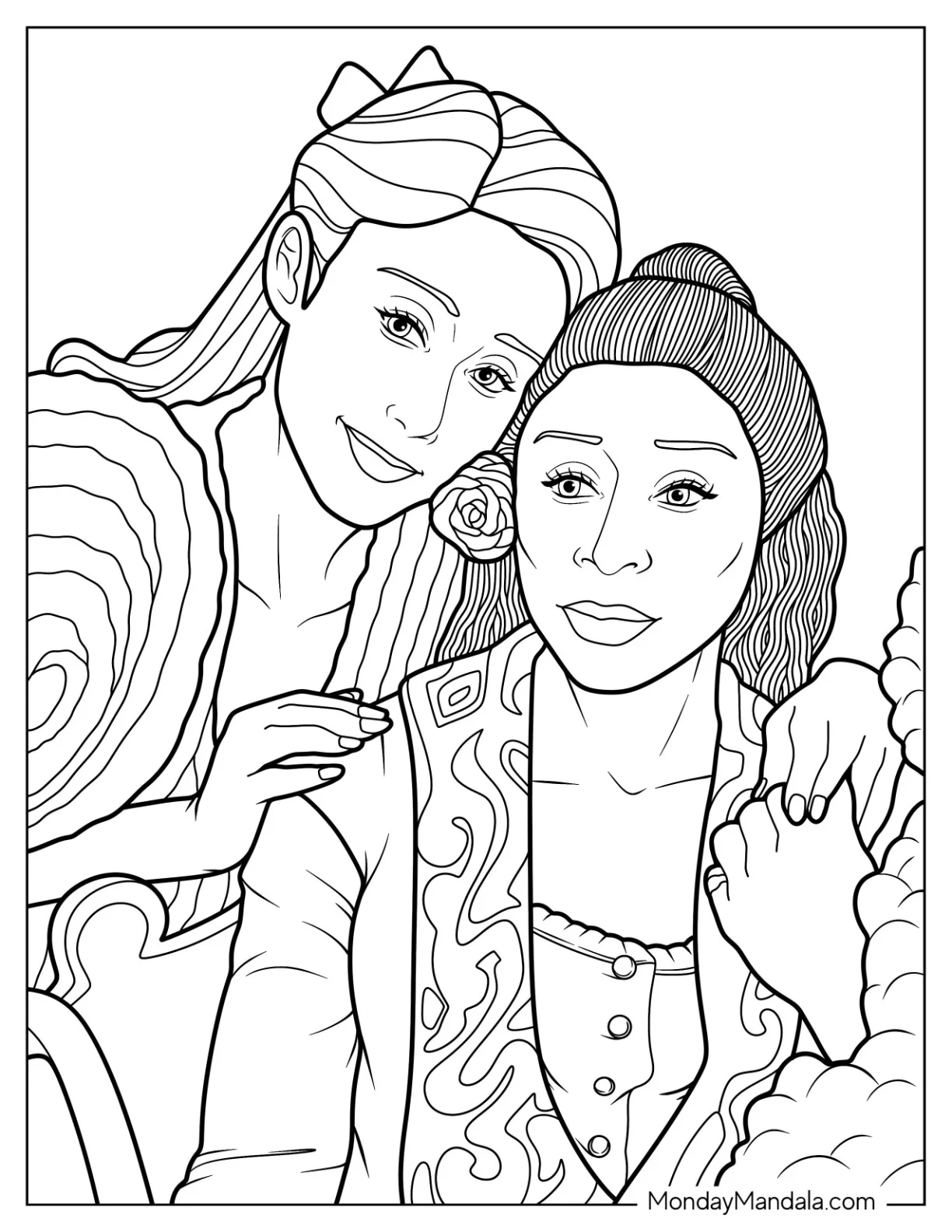 Wicked Coloring Page Of Glinda Making Elphaba Feel Pretty For Kids coloring page — printable line art