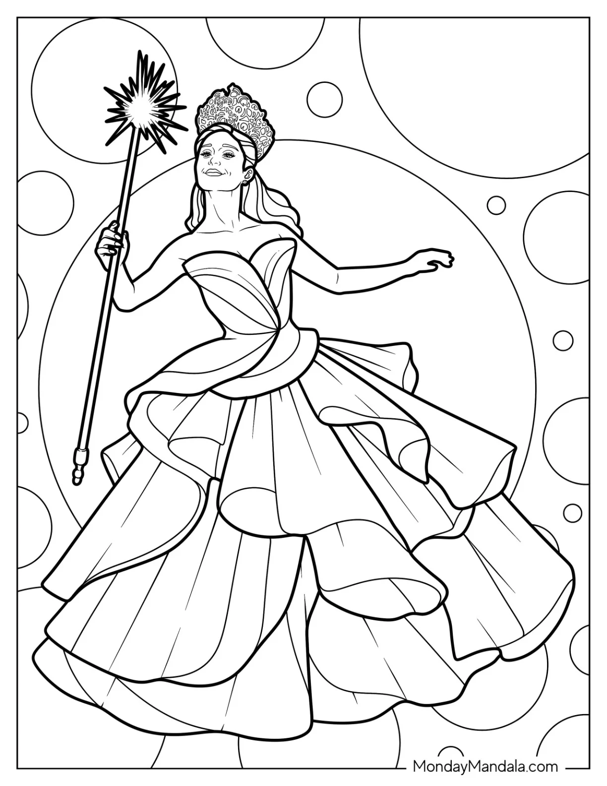 Wicked Coloring Page Of Glinda Waving Her Wand While Surrounded By Bubbles For Kids coloring page — printable line art