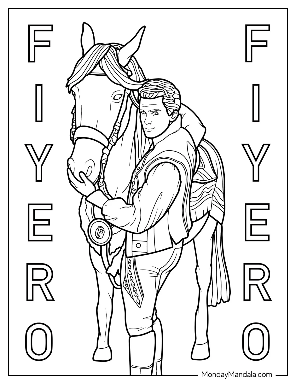 Wicked Coloring Page Of Jonathan Bailey As Prince Fiyero With His Horse For Kids coloring page — printable line art