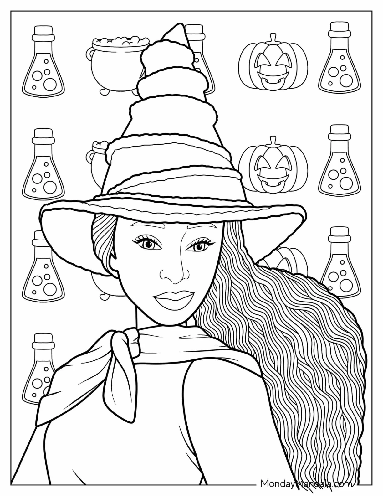 Wicked Coloring Page Of Pretty Elphaba Wearing Her Witch's Hat coloring page