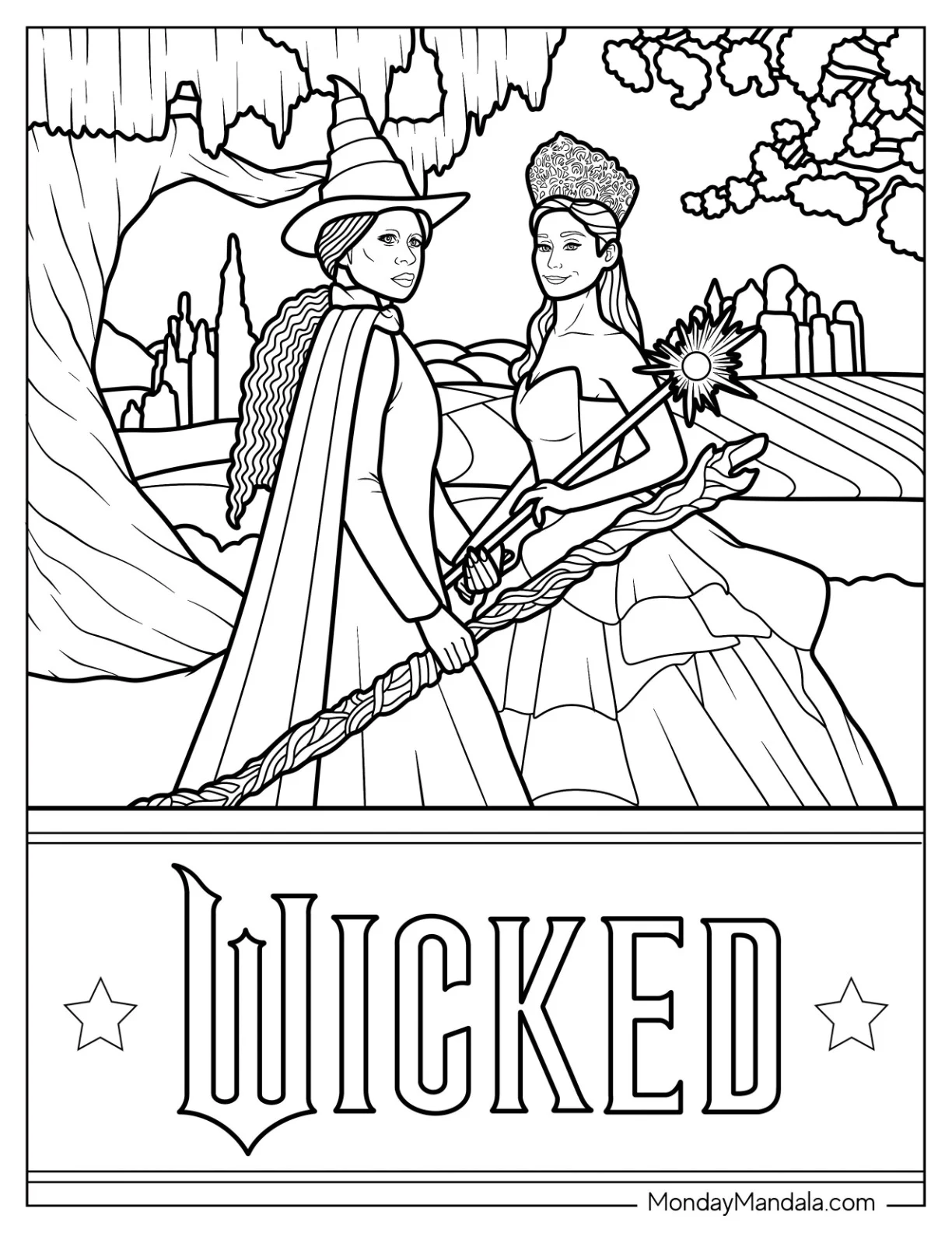Wicked Coloring Pages Of Ariana Grande As Glinda And Cynthia Erivo As Elphaba coloring page