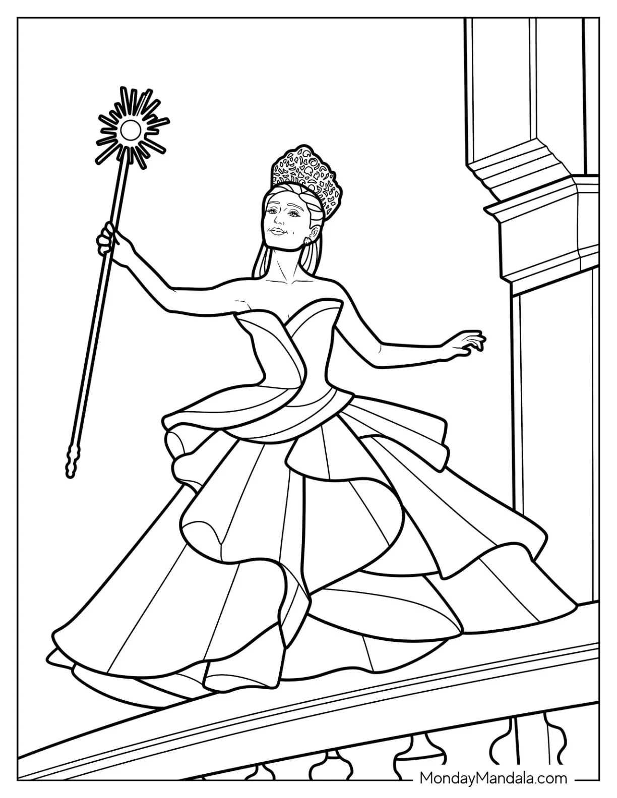 Wicked Coloring Pages Of Glinda In Her Ball Gown Holding A Wand coloring page