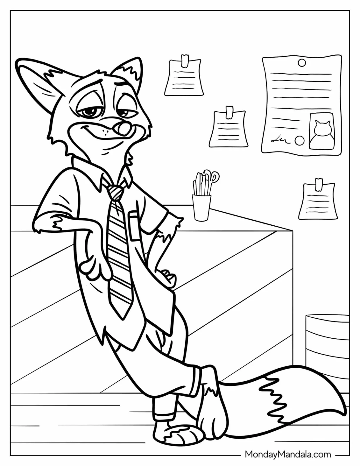 Nick Wilde In His Office Zootopia Coloring Page coloring page — printable line art