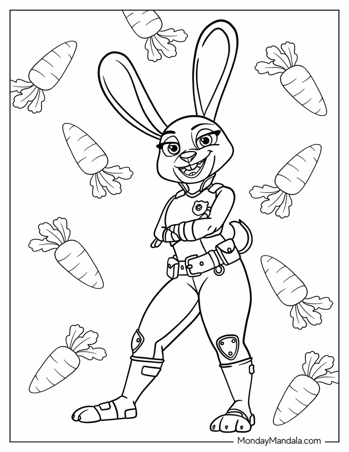Zootopia Coloring Page Of Detailed Judy Hopps With Carrots In The Background coloring page