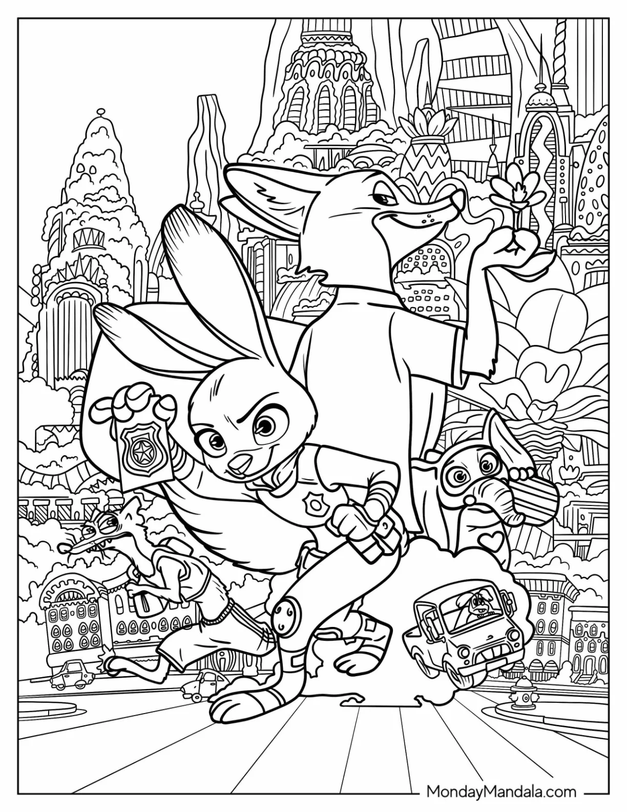 Zootopia Coloring Page Of Judy Hopps And Nick Wilde Detailed Poster coloring page — printable line art