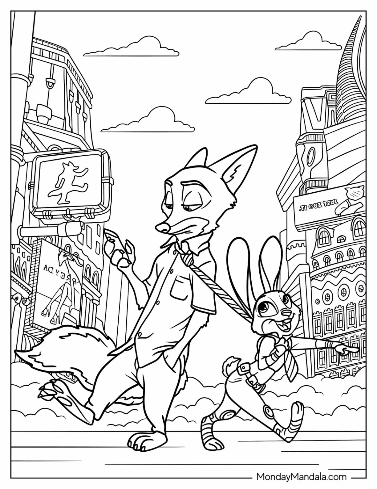 Zootopia Coloring Page Of Judy Hopps Pulling Nick Wilde By The Necktie coloring page — printable line art