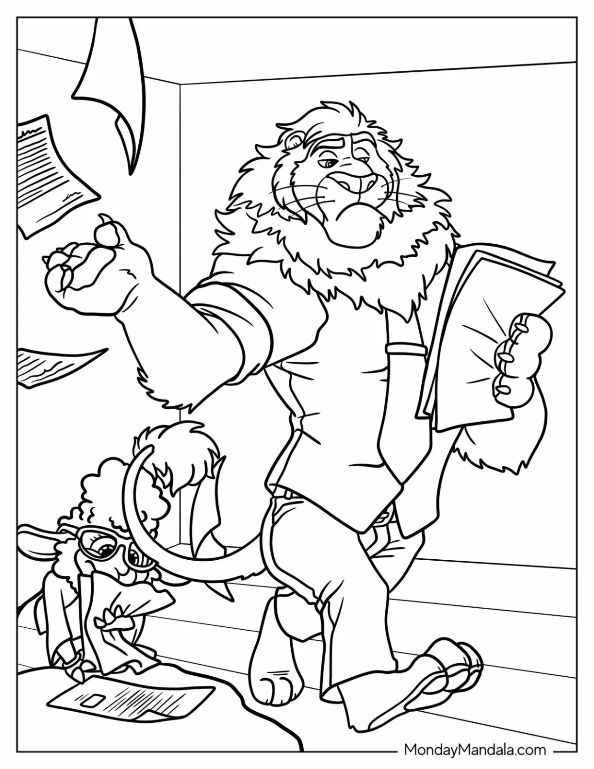Zootopia Coloring Page Of Mayor Lionheart Throwing Paper Around With Bellwether Picking Them Up coloring page