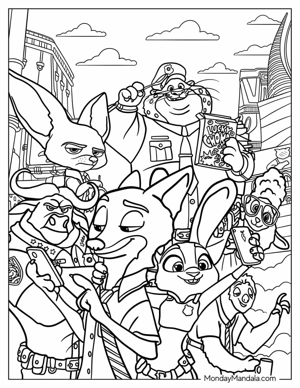 Zootopia Coloring Page Of Nick, Judy, Clawhauser, Bellwether, Finnick, Flash, And Chief Bogo coloring page — printable line art