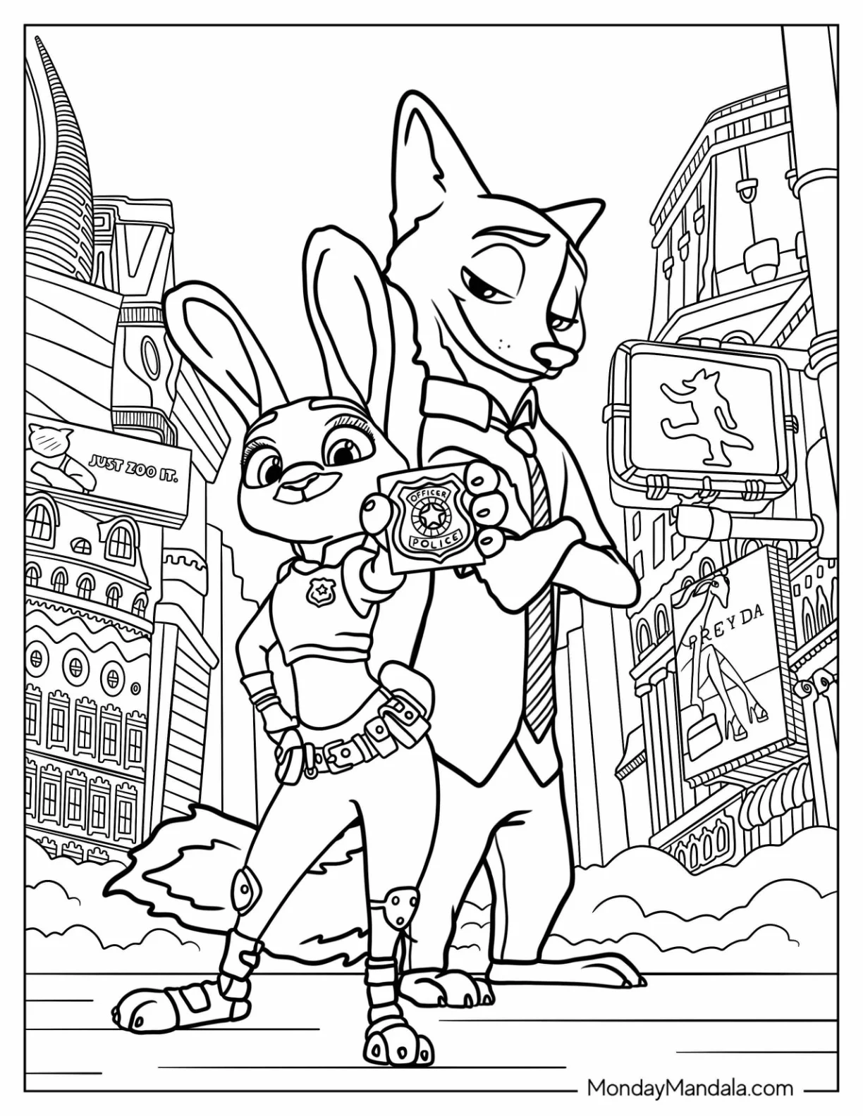Zootopia Coloring Page Of Nick Standing Beside Judy Showing Her Badge coloring page
