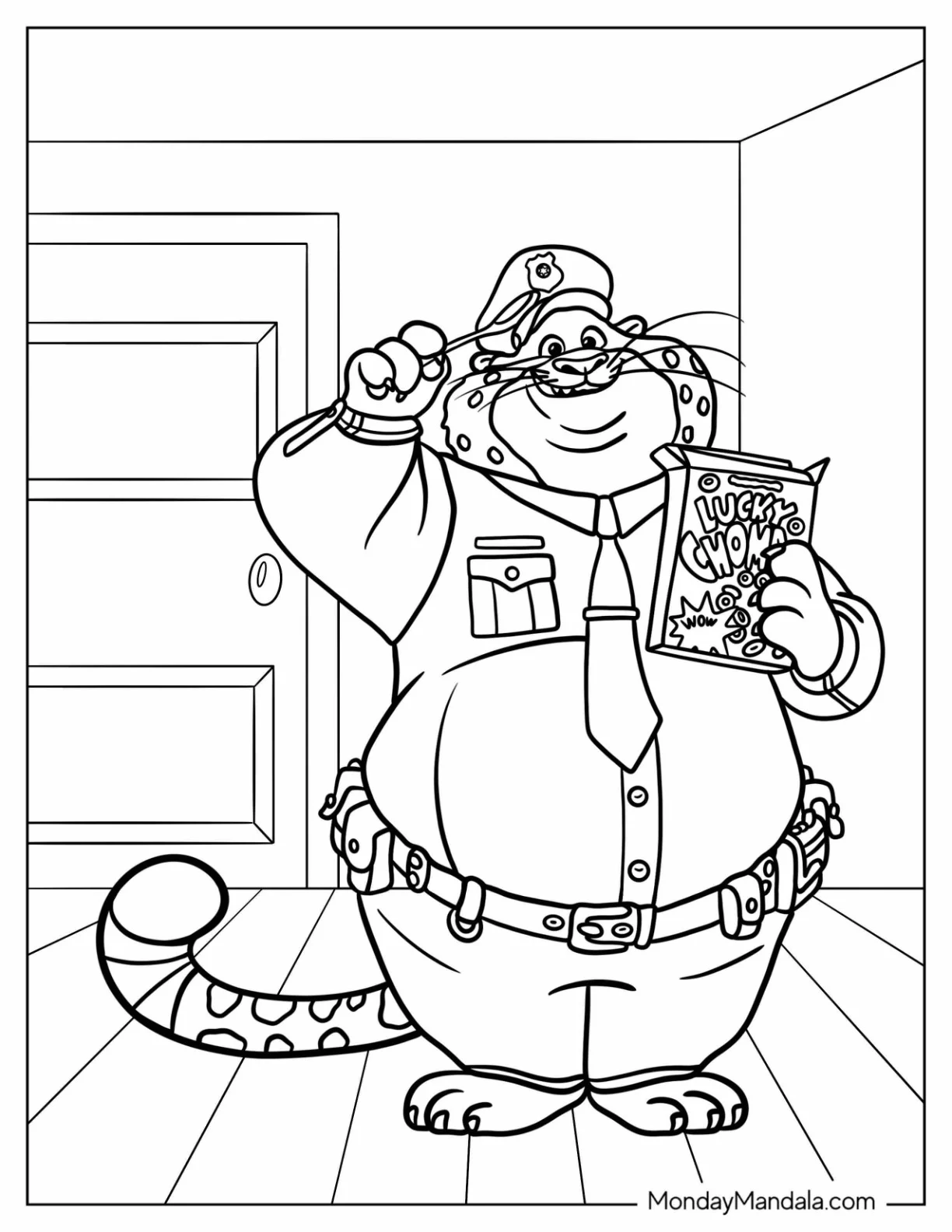 Zootopia Coloring Page Of Officer Clawhauser With Spoon And Cereal Box coloring page