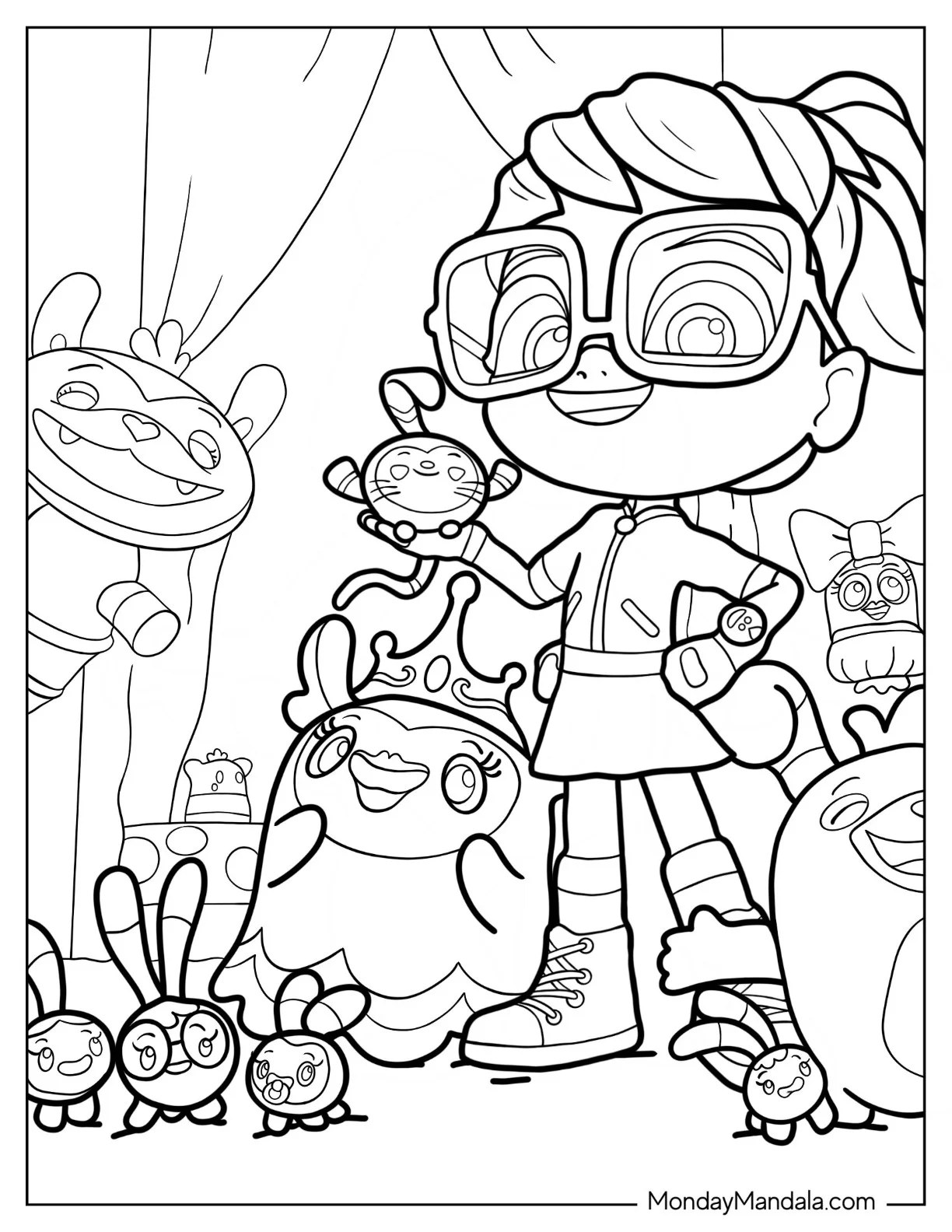 Abby Hatcher Coloring Page Of Bozzly, Mo, Bo, The Squeaky Peepers, Otis, Princess Flug, And Harriet Bouffant coloring page