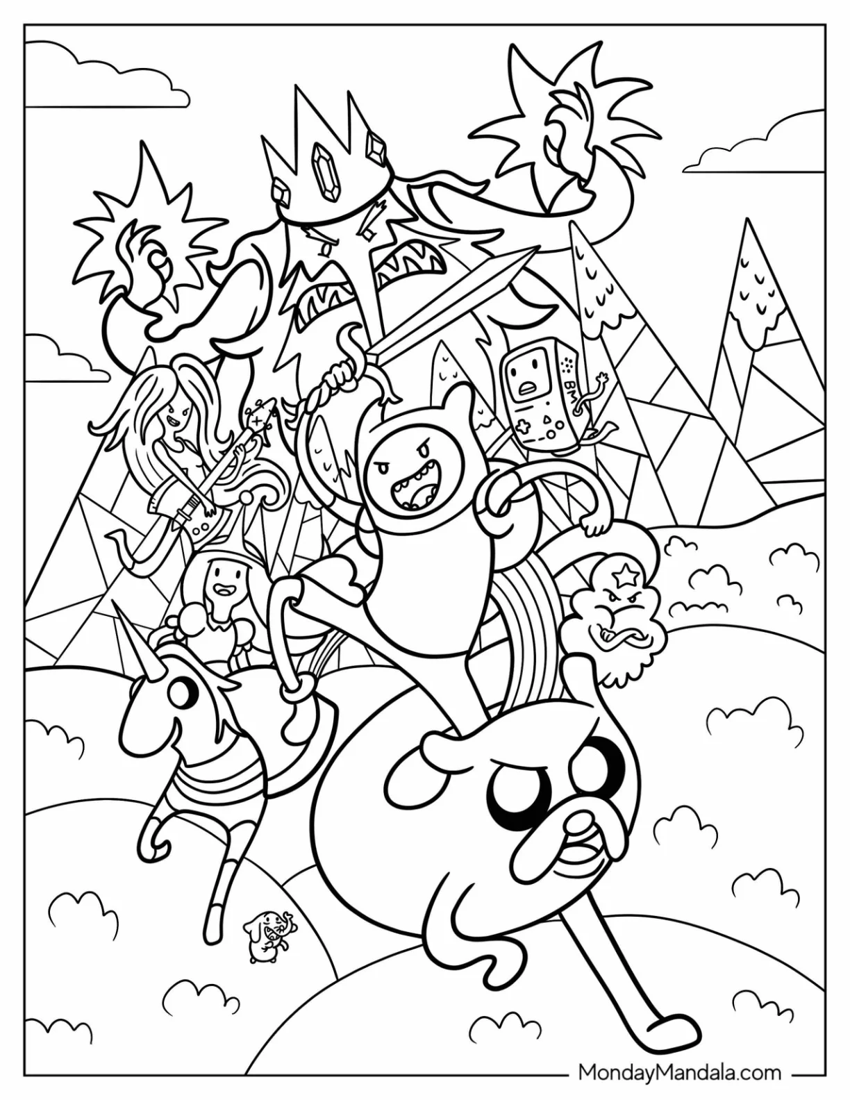 Adventure Time Coloring Page Of Finn Holding Sword On Jake With Ice King In Background coloring page