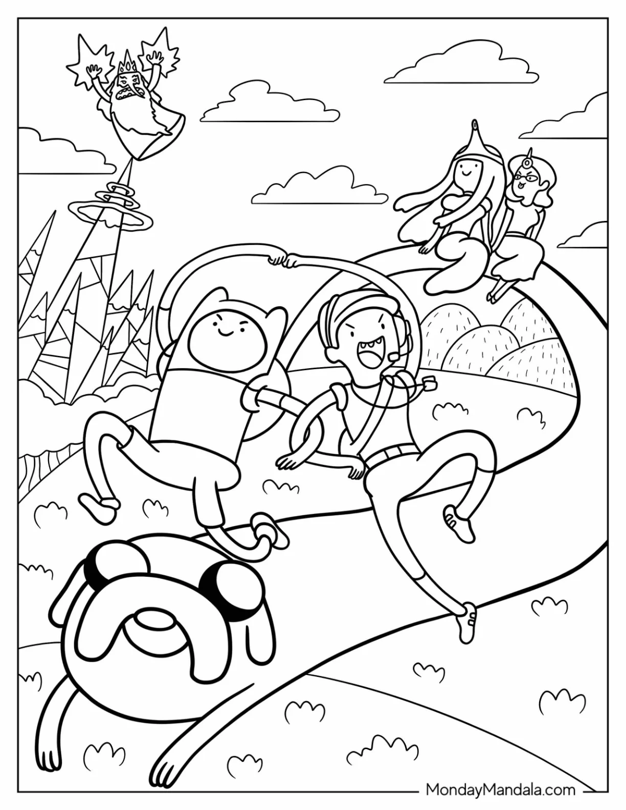 Adventure Time Coloring Page Of Finn, Jake, Ice King, Princess Bubblegum Poster coloring page