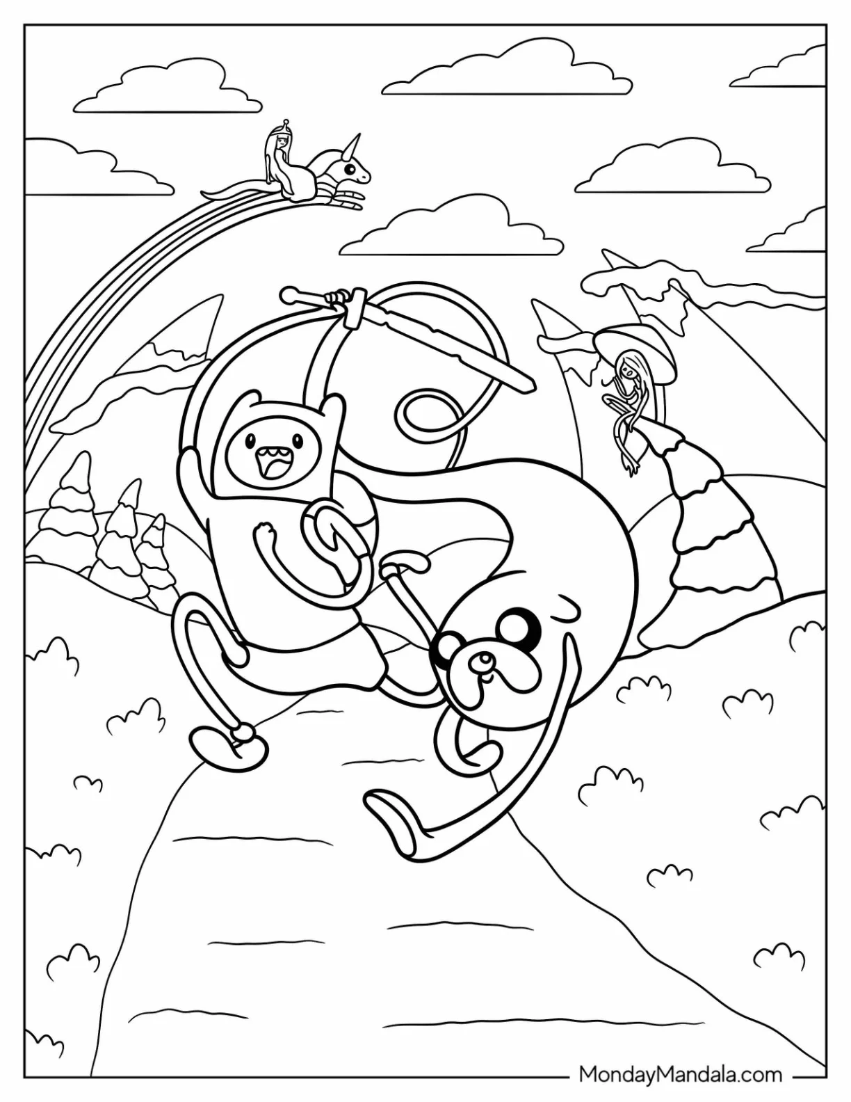 Adventure Time Coloring Page Of Finn, Jake, Princess Bubblegum, And Marceline coloring page — printable line art
