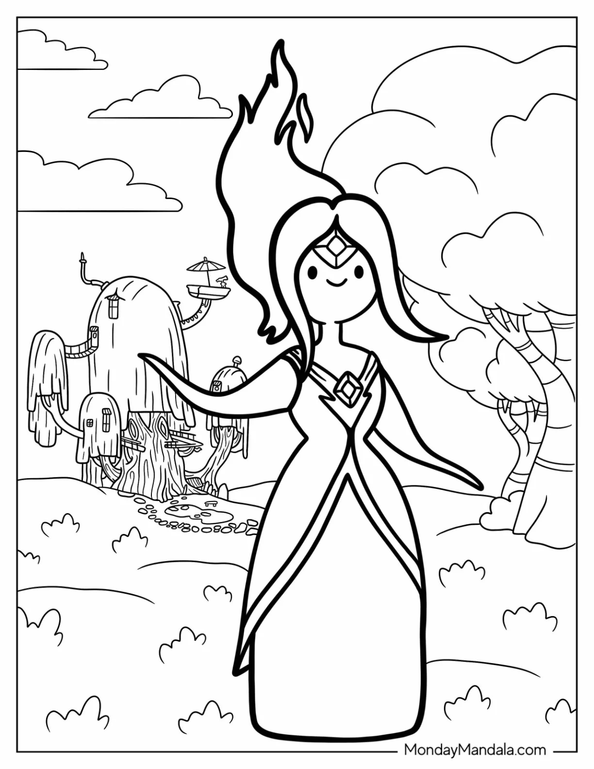 Adventure Time Coloring Page Of Flame Princess For Kids coloring page — printable line art