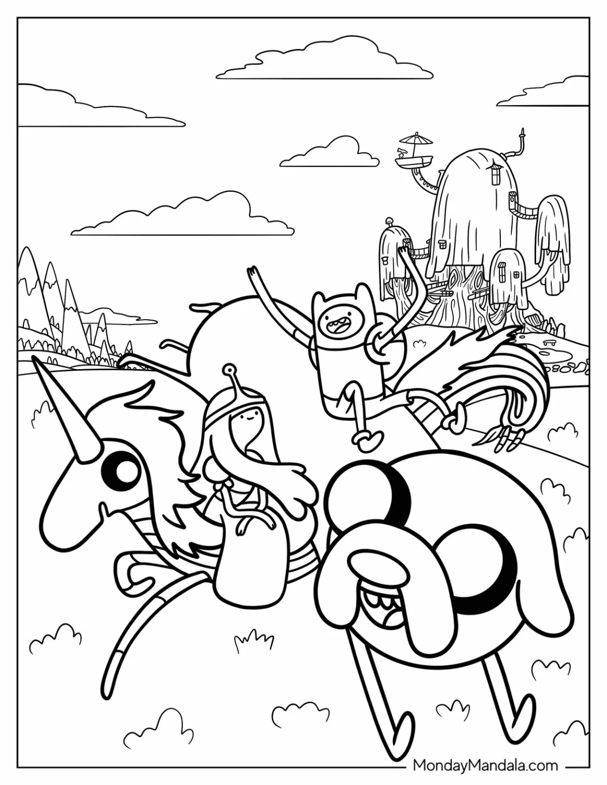 Adventure Time Coloring Page Of Princess Bubblegum On Lady Unicorn And Finn On Jake coloring page — printable line art