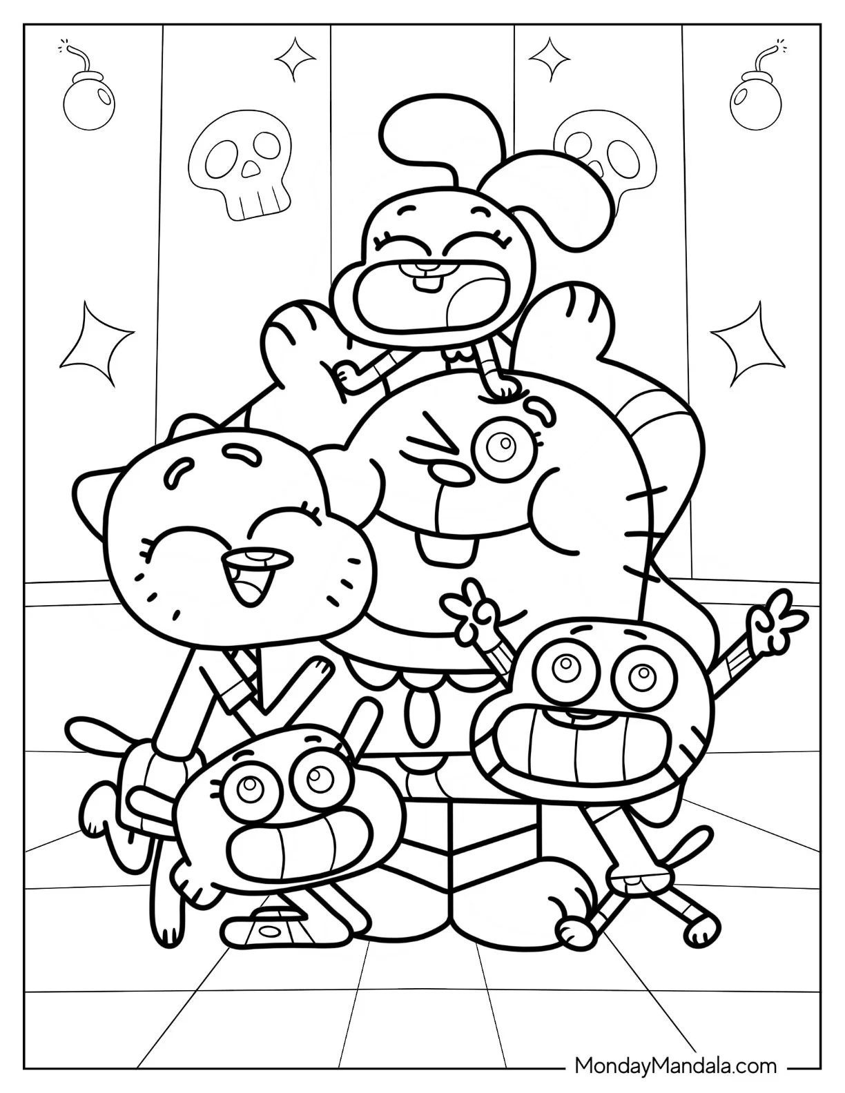 The Amazing World Of Gumball Coloring Page Of Easy Outline Of Richard, Nicole, Darwin, Anais, And Gumball coloring page — printable line art