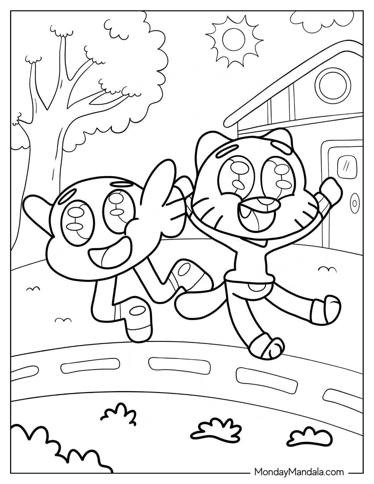 The Amazing World Of Gumball Coloring Page Of Gumball And Darwin Jumping For Joy coloring page — printable line art