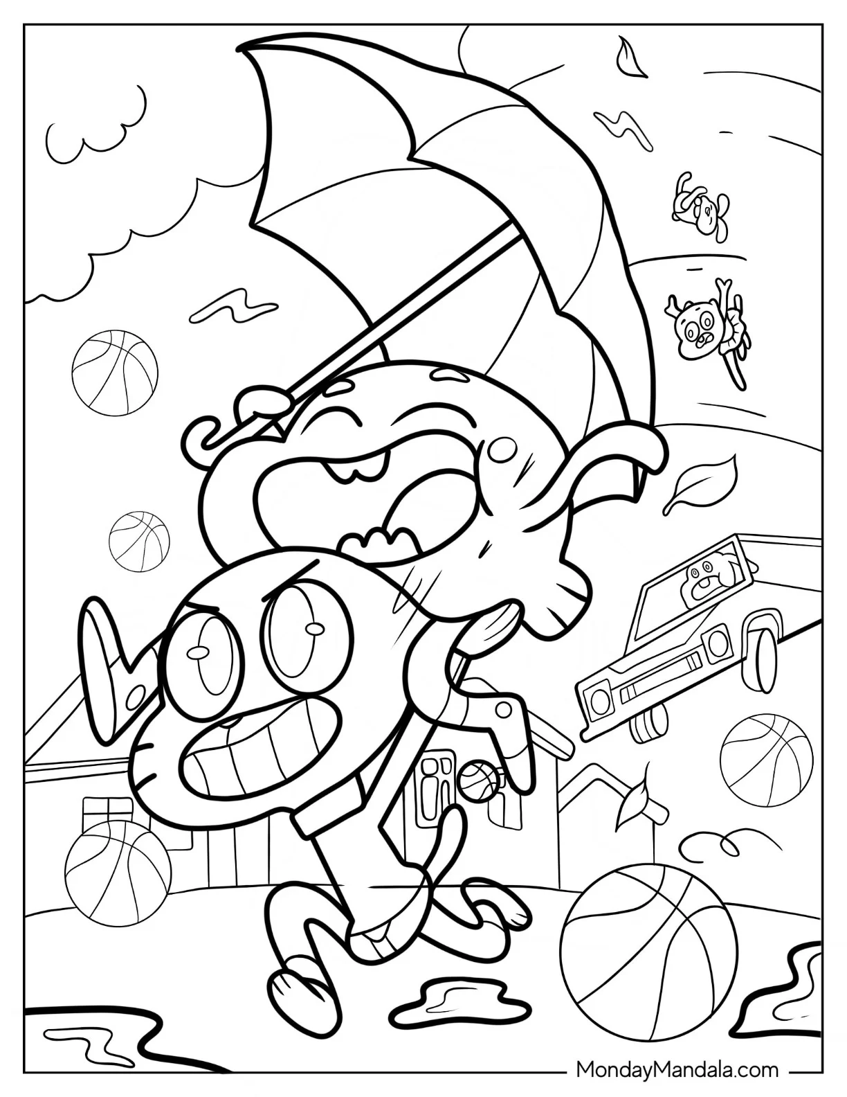 The Amazing World Of Gumball Coloring Page Of Gumball Carrying Darwin During A Storm coloring page — printable line art
