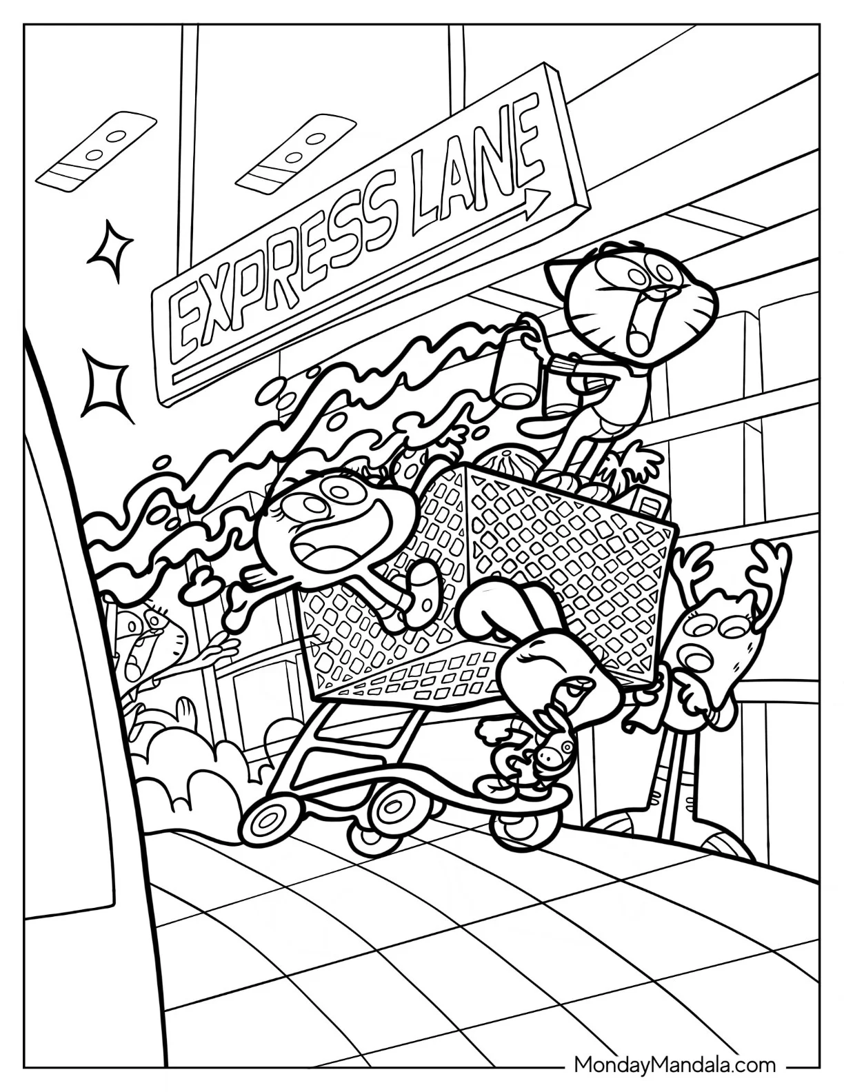 The Amazing World Of Gumball Coloring Page Of Gumball, Darwin, And Anais Playing With Shopping Cart coloring page