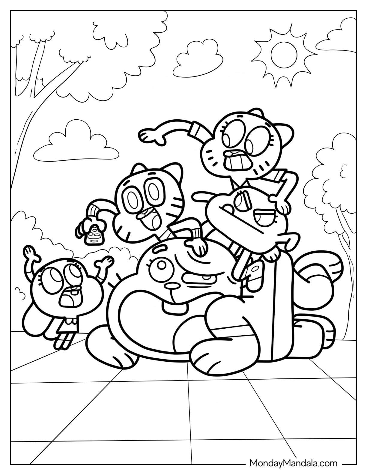 The Amazing World Of Gumball Coloring Page Of Nicole, Darwin, Richard, Anais, And Gumball Fighting Over Remote Control coloring page — printable line art