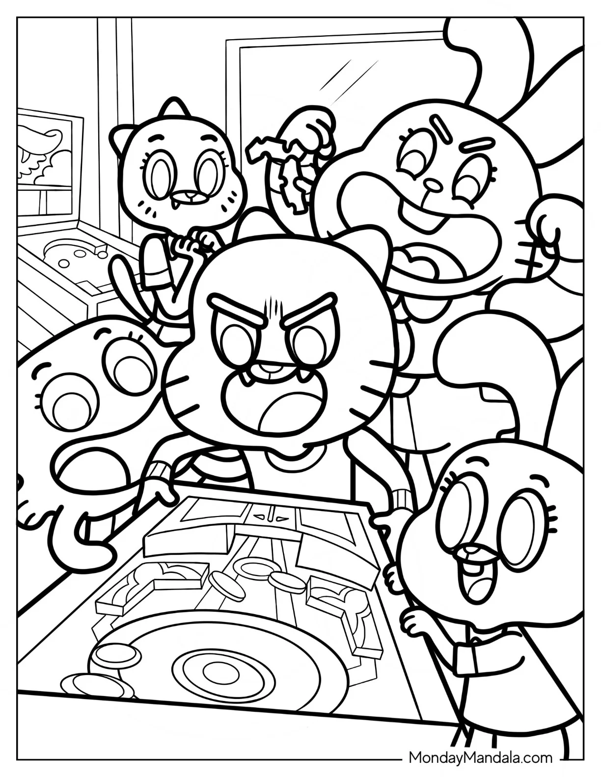 The Amazing World Of Gumball Coloring Page Of Richard, Darwin, Anais, And Nicole Cheering Gumball coloring page