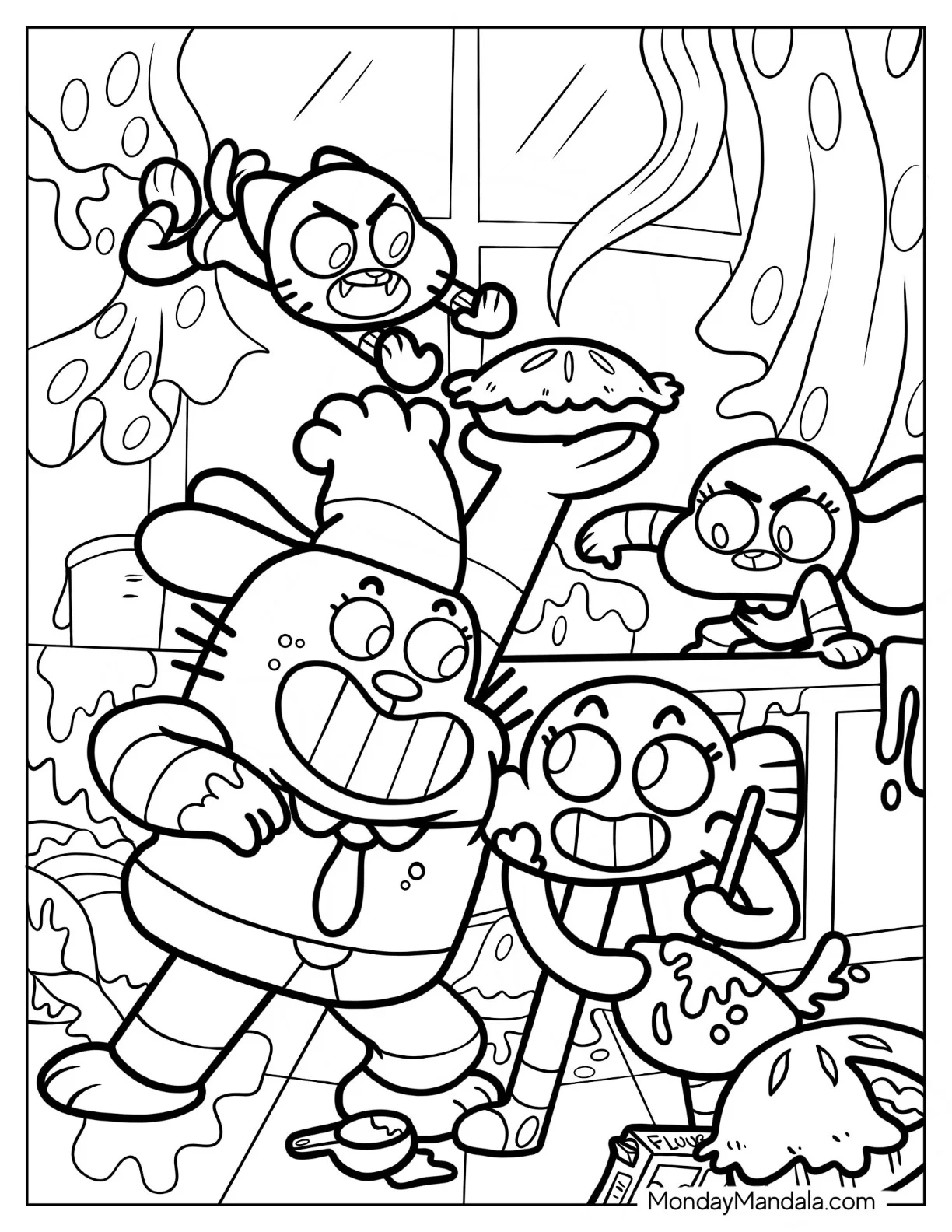 The Amazing World Of Gumball Coloring Page Of Richard, Gumball, Darwin, And Anais Watterson Fighting Over Pie coloring page