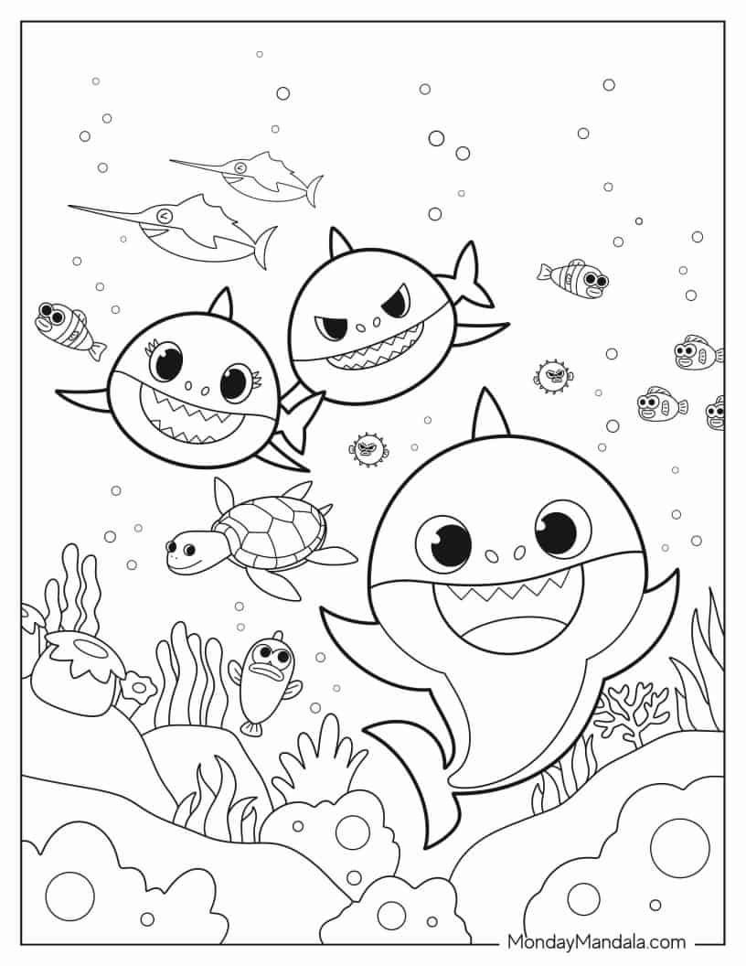 Baby Shark, Mommy Shark, And Daddy Shark Swimming Coloring In coloring page