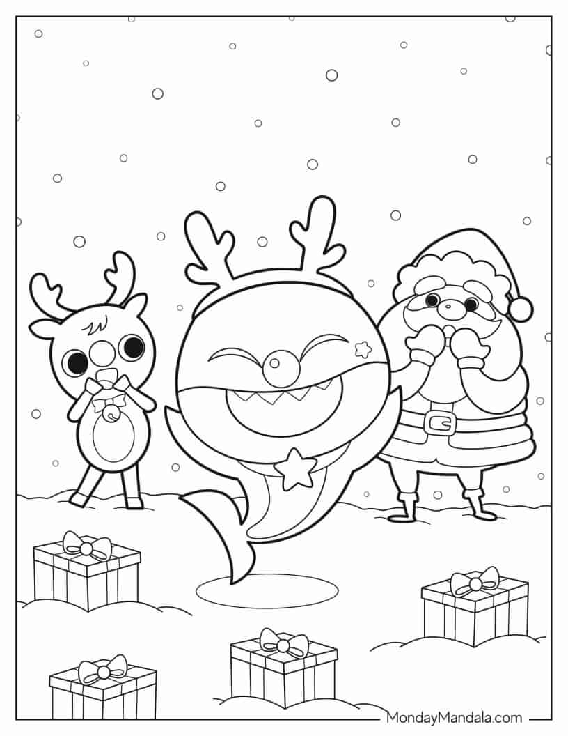 Baby Shark With Rudolph And Santa Claus coloring page