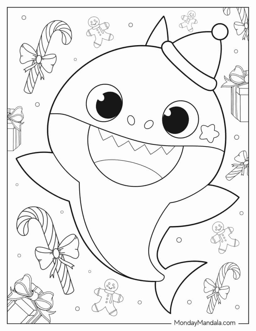 Coloring Sheet Of Christmas Baby Shark In Santa Hat coloring page